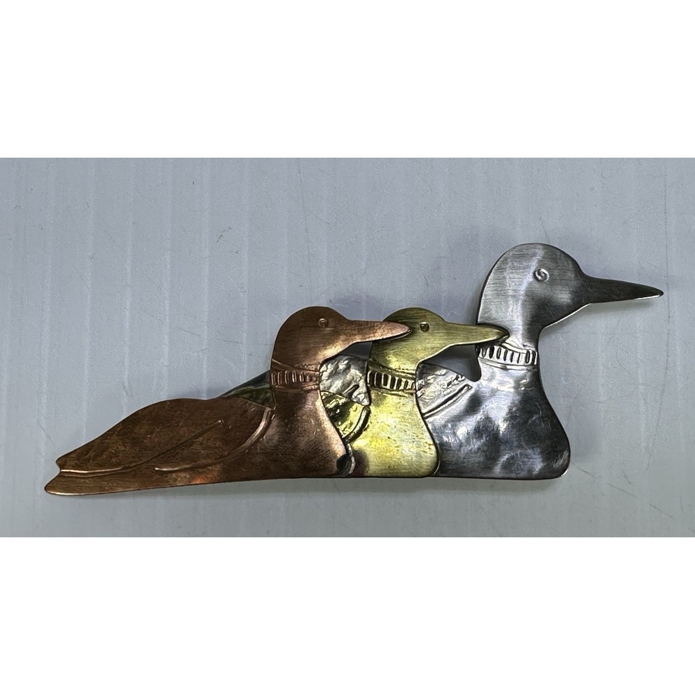 Vintage Silver Tone Brass Copper Swimming Duck Mallard Brooch